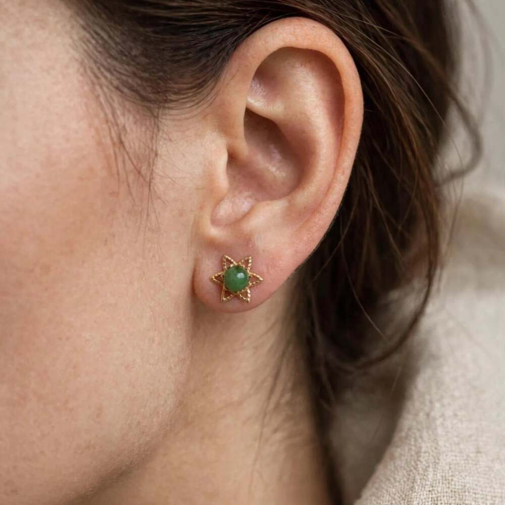 Vintage 14K Gold Genuine Jade Cabochon Stud Earrings in Star Filigree Setting